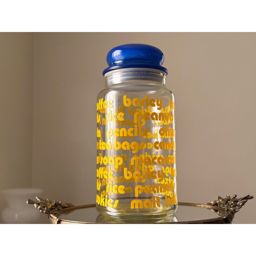 Vintage Glass Kitchen Canister: Retro Yellow Lettering, Blue Lid
